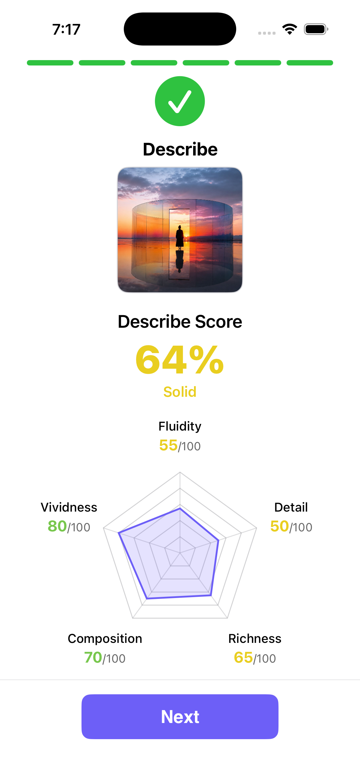 Flowency Describe results scoring the spoken description with a five-skill radar chart