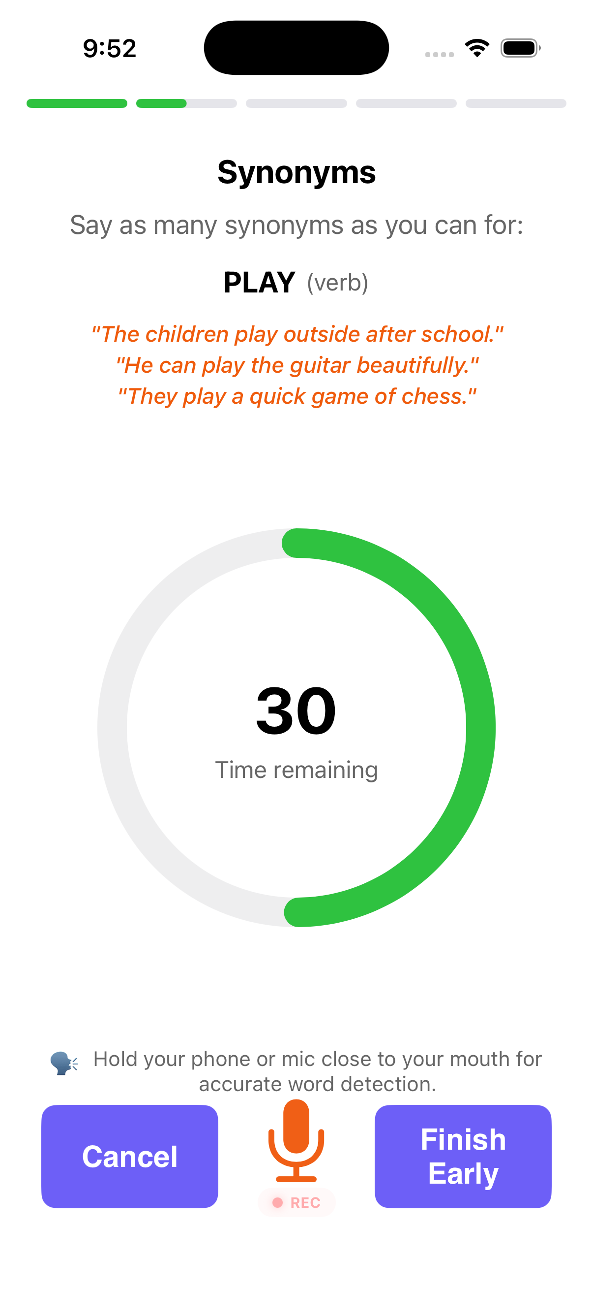 A 60-second Flowency word drill in progress with a countdown timer