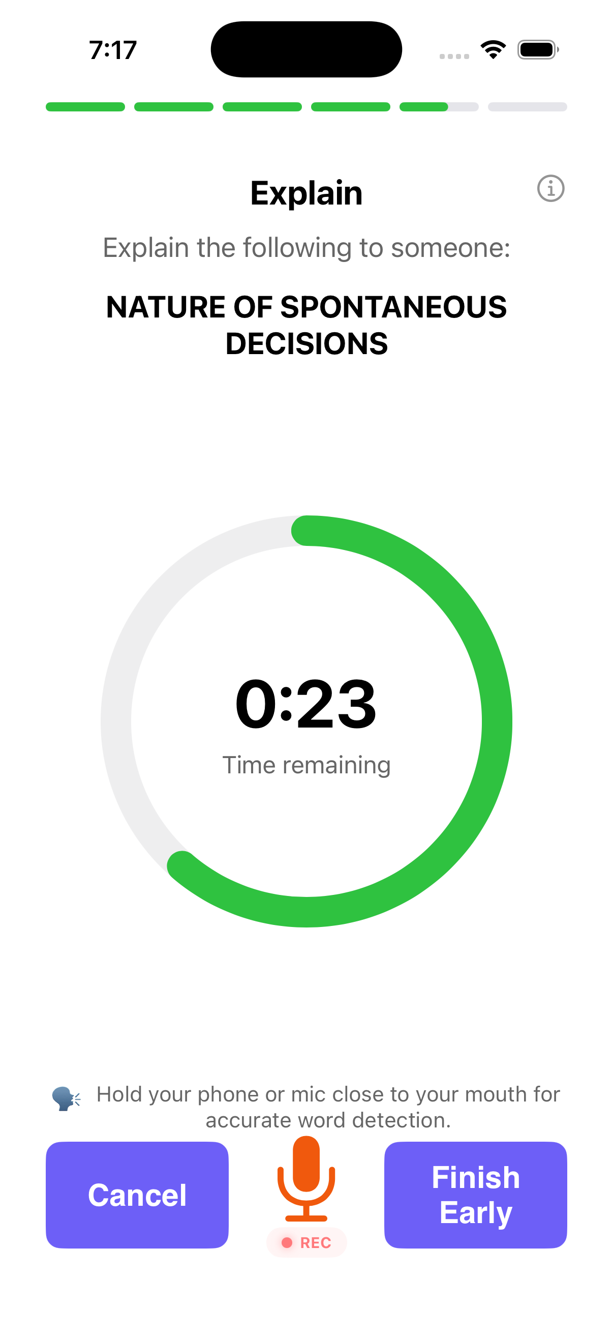 A Flowency Word Gym drill prompting spoken answers against the clock