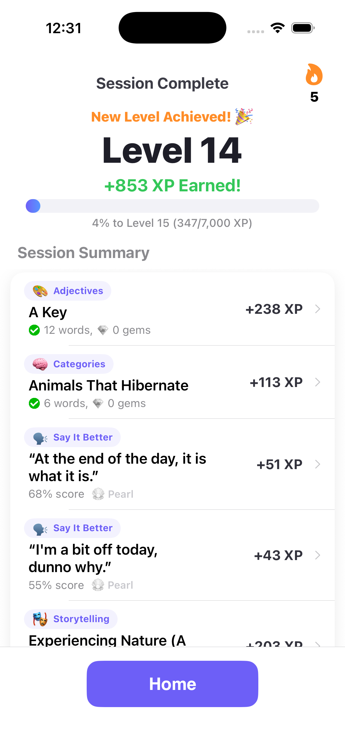 A completed Flowency session summary showing XP earned, a new level achieved, and per-exercise results