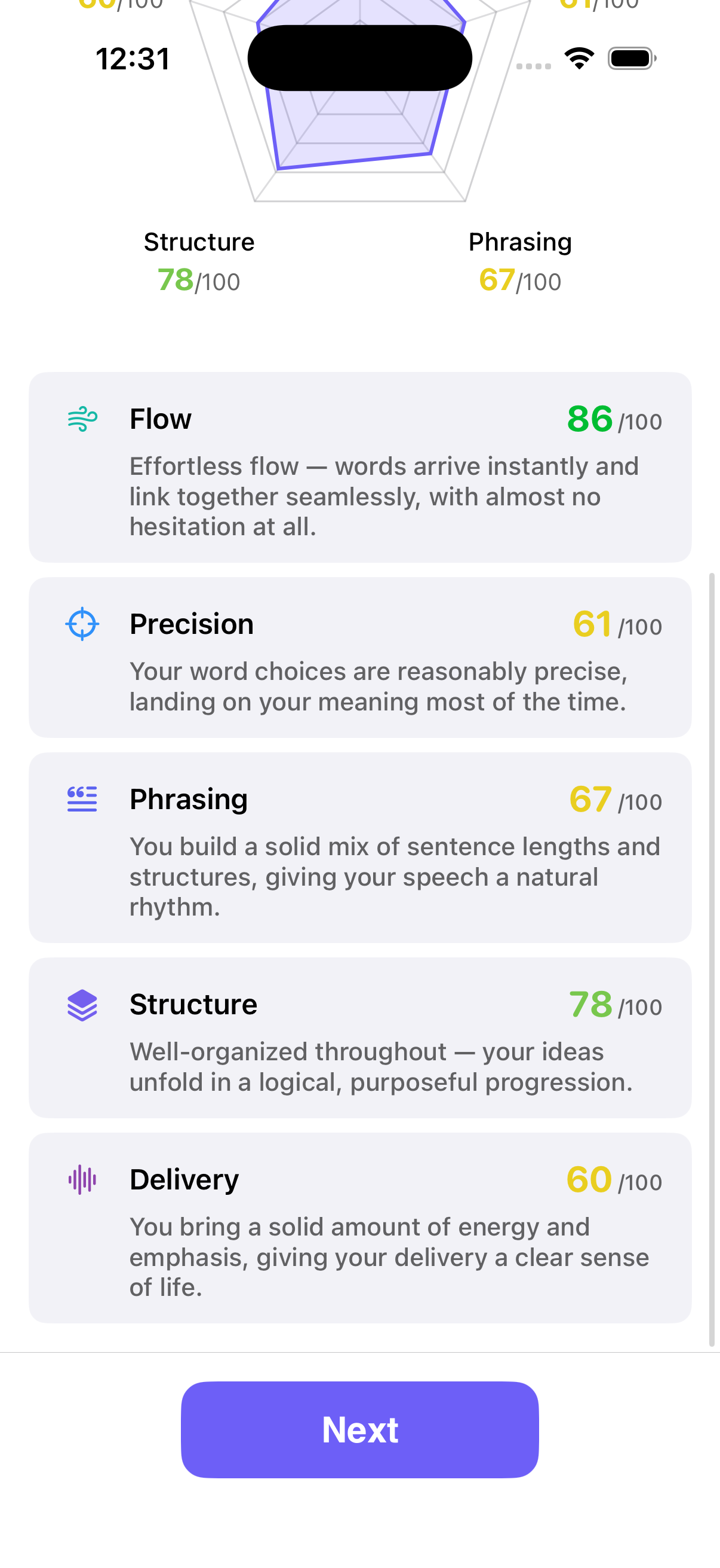 Flowency per-skill AI coaching feedback for Flow, Precision, Phrasing, Structure, and Delivery
