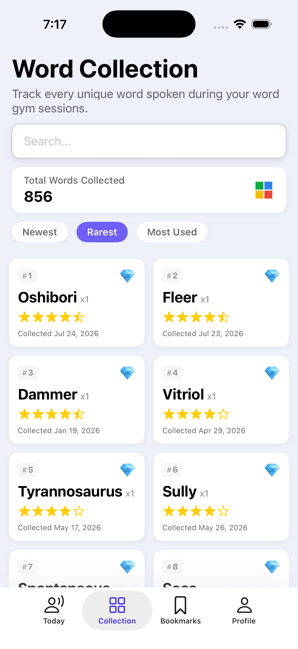 Flowency Word Collection showing rare collected words with star ratings and gems