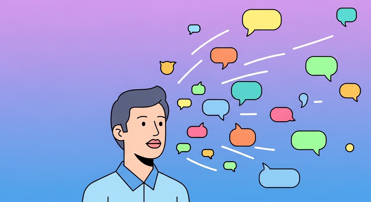 Person practicing verbal exercises with colorful word bubbles around them