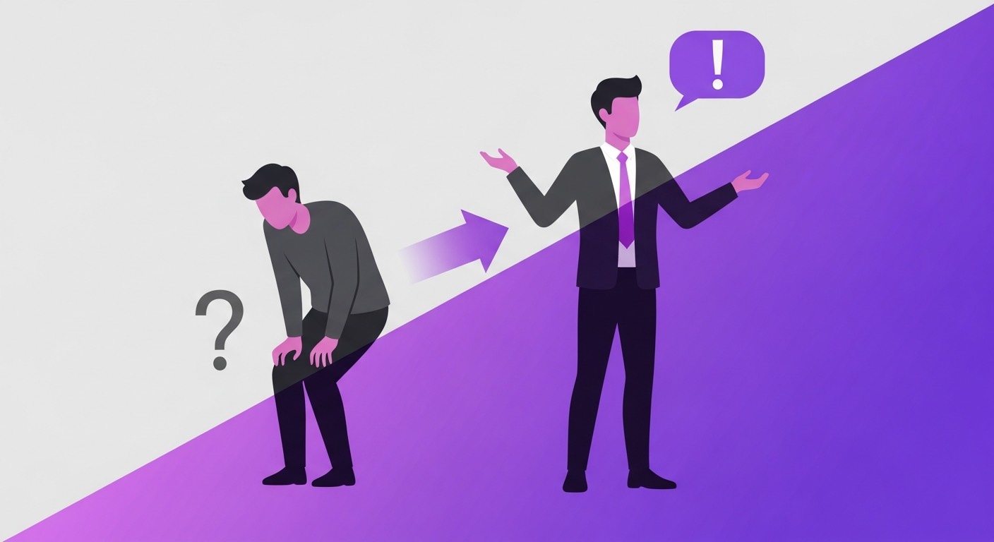 Person transforming from hesitant to confident speaker, showing growth progression