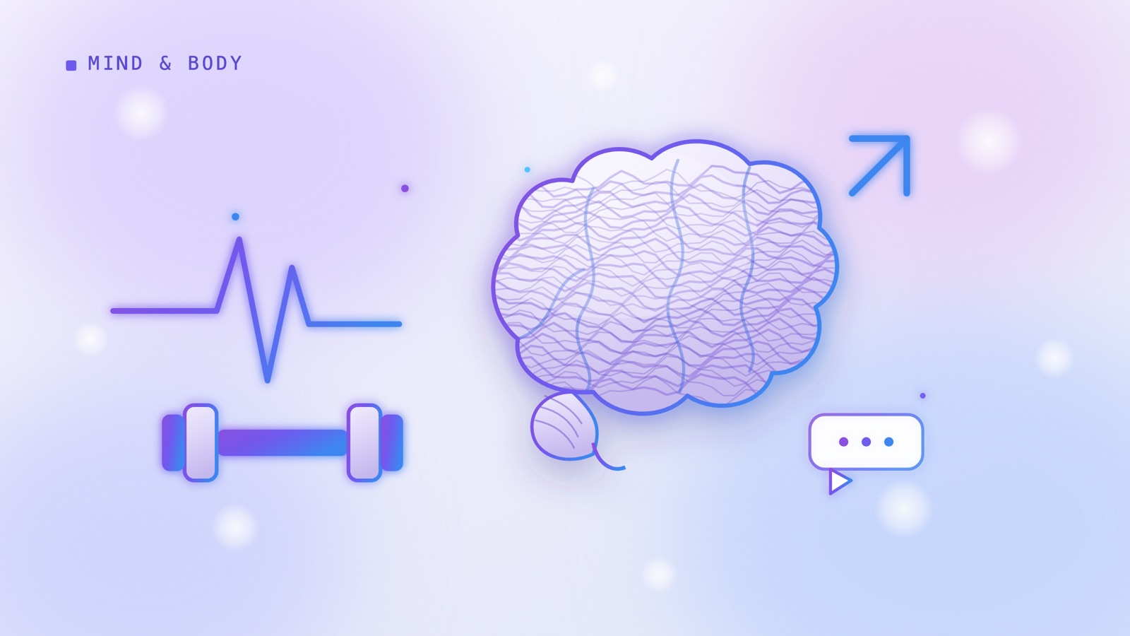 A heartbeat pulse line flowing into a speech waveform, representing exercise and the brain