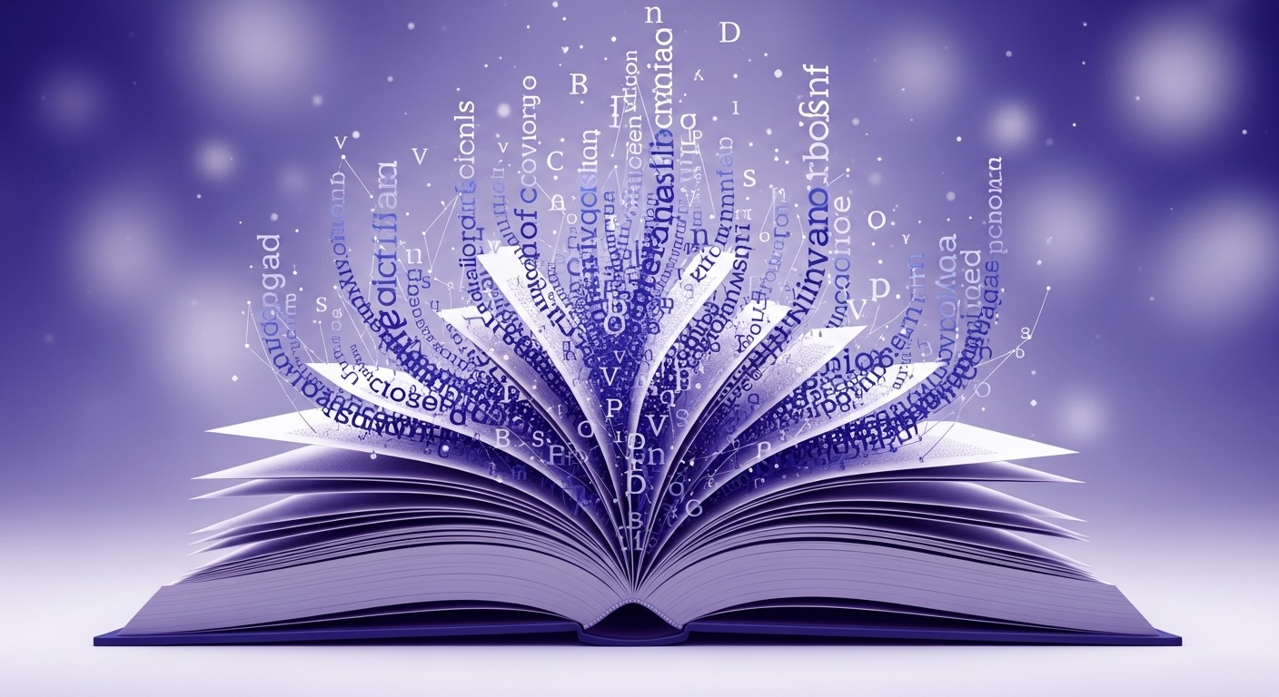 Open book with words flowing upward and connecting into a network of ideas