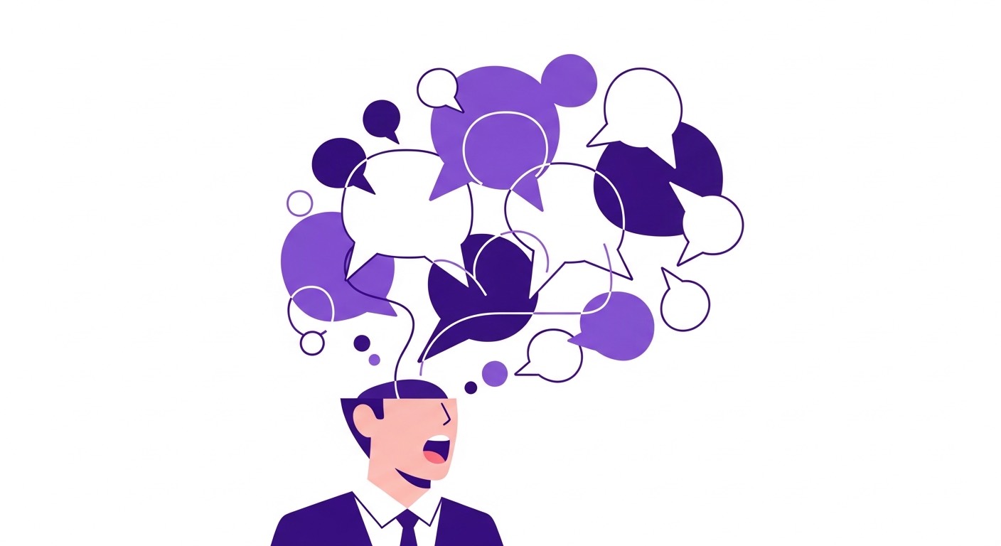 Professional person speaking clearly with organized thought bubbles showing structured ideas