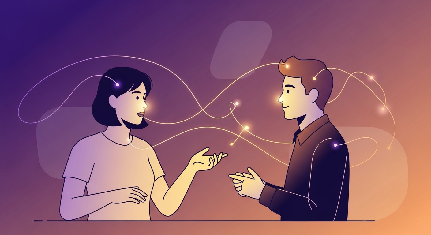Two people having an engaging conversation with speech bubbles and connection symbols