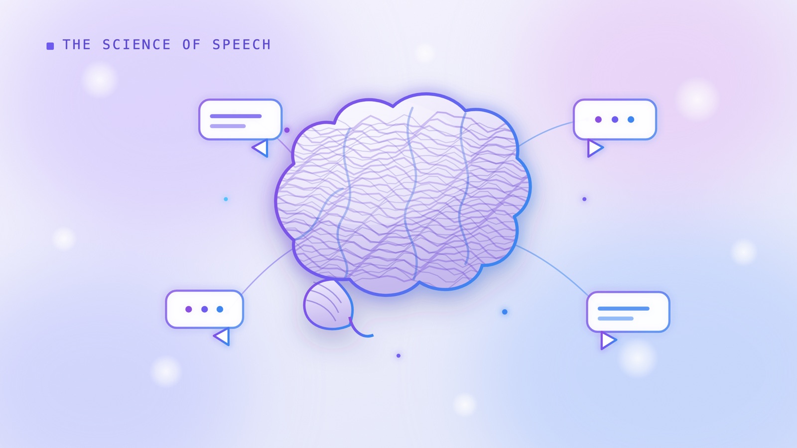 Illustration of a brain with glowing neural pathways connecting to floating words